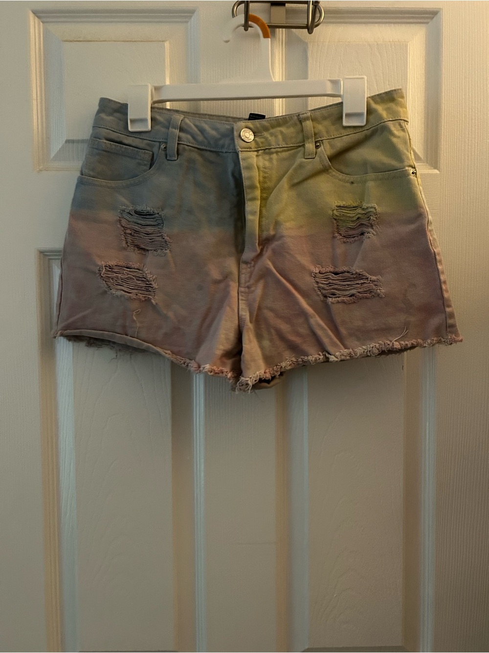 Forever 21 Pastel Tie-Dye Distressed Jean Shorts - Pink, Yellow, Green, Blue